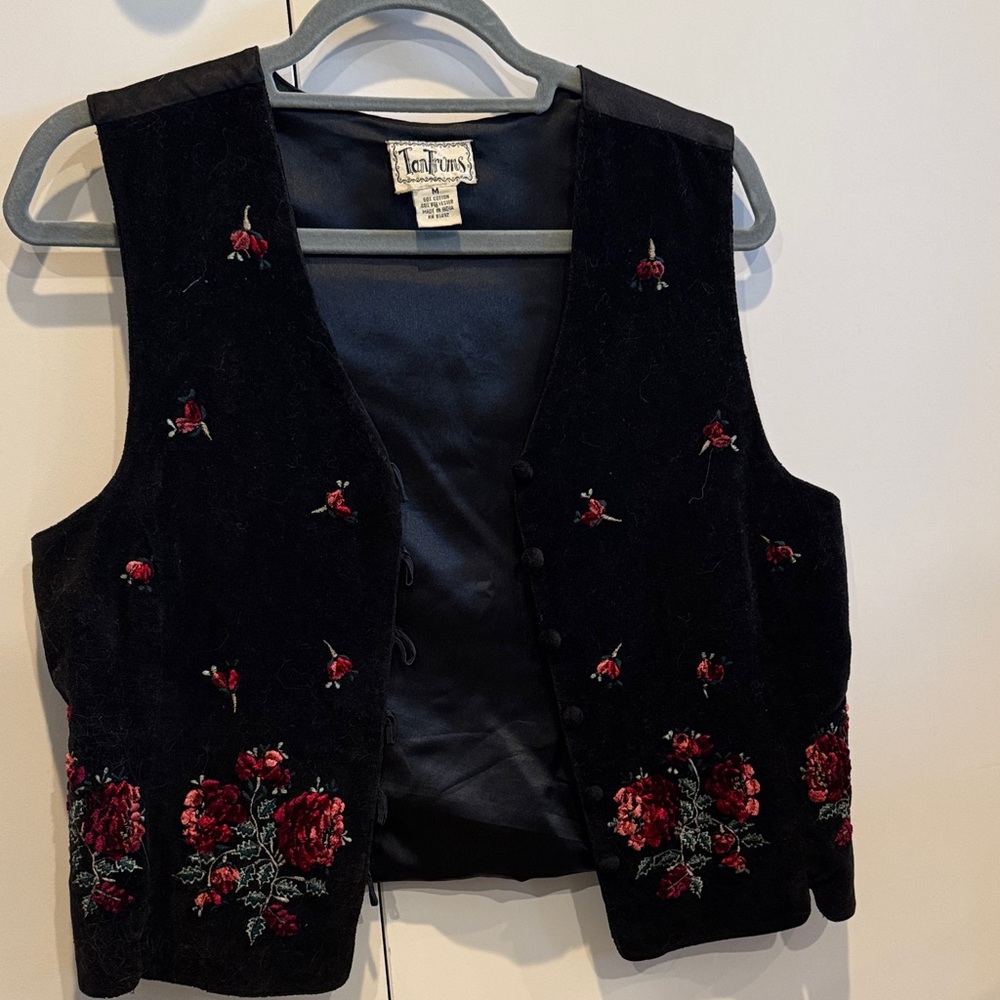 Tantrums Vintage Black Vest with Red Floral Design